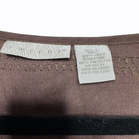 Tweeds 100% Linen Floral Embroidered Brown Button-Front Short Sleeve Blouse Sz L - Picture 5 of 5